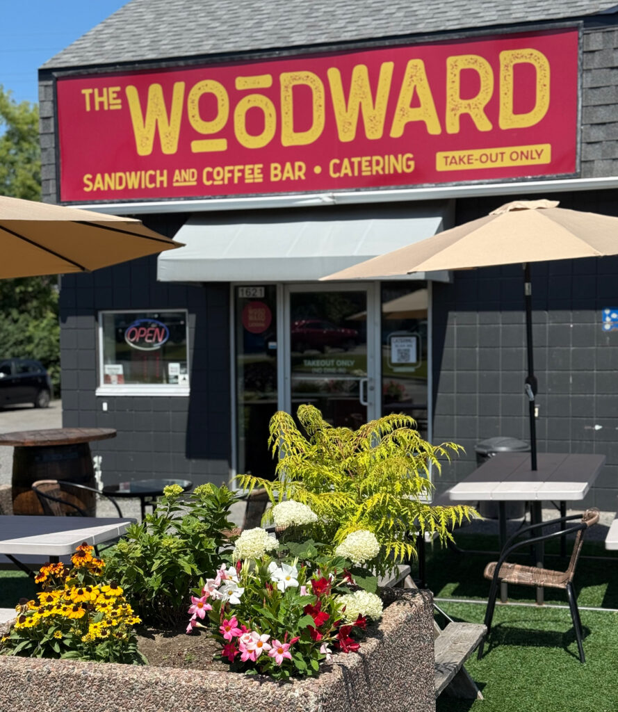 Front entrance of The Woodward, a Ottawa café and catering company with patio seating.